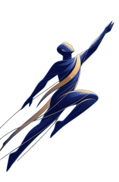 Ilustración estilizada de una figura azul y dorada saltando hacia lo alto, simbolizando el impulso, la escalabilidad y el crecimiento digital que SonoraWeb brinda a los negocios locales en Agua Prieta.