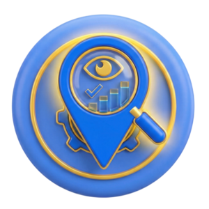 Augmented-Reality_Icon @2x (14) Ícono 3D de una lupa y una gráfica de barras sobre un pin de mapa, representando la auditoría de visibilidad local en Agua Prieta.