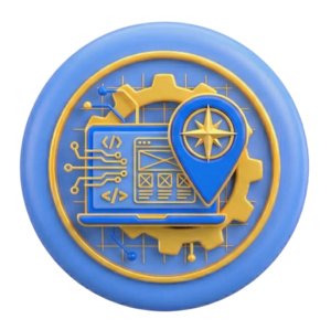 Augmented-Reality_Icon @2x (15) Ícono 3D de un engranaje oro con un laptop y pin, representando el creacion de pagina web.