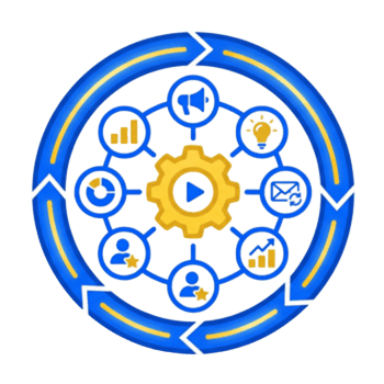 Icono circular de un engranaje y herramientas digitales que representa un ecosistema de marketing digital automatizado para negocios en Agua Prieta.