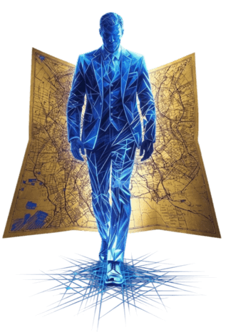 Ilustración conceptual de una figura digital azul geométrica con traje caminando hacia adelante sobre una red de líneas, con un mapa antiguo dorado de Sonora al fondo, representando al fundador y la creación de SonoraWeb en Agua Prieta.