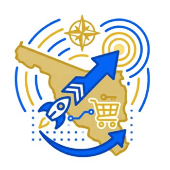 Cohete despegando sobre el mapa de Sonora con un carrito de compras, ilustrando el impulso directo al comercio local en Agua Prieta.