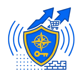 Escudo con una brújula, flechas de crecimiento y carrito de compras, que ilustra la optimización estratégica para recuperar ventas perdidas.