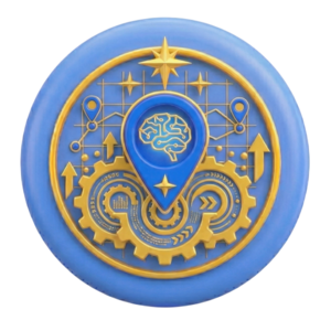 Augmented-Reality_Icon @2x (16) Ícono 3D de un pin de ubicación que contiene un cerebro brillante rodeado de engranajes, ilustrando la optimización local y el posicionamiento con IA.