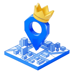 Icono 3D de mapa con corona dorada para dominio de búsquedas locales en Agua Prieta y Sonora.