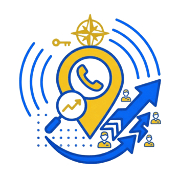 Pin de ubicación con un teléfono y flechas ascendentes atrayendo clientes, representando el SEO local para multiplicar llamadas y ventas.