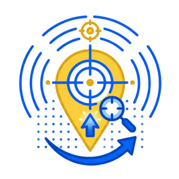Ilustración de un pin de mapa con una diana y lupa, simbolizando el SEO local y la visibilidad de alta precisión en Google Maps.